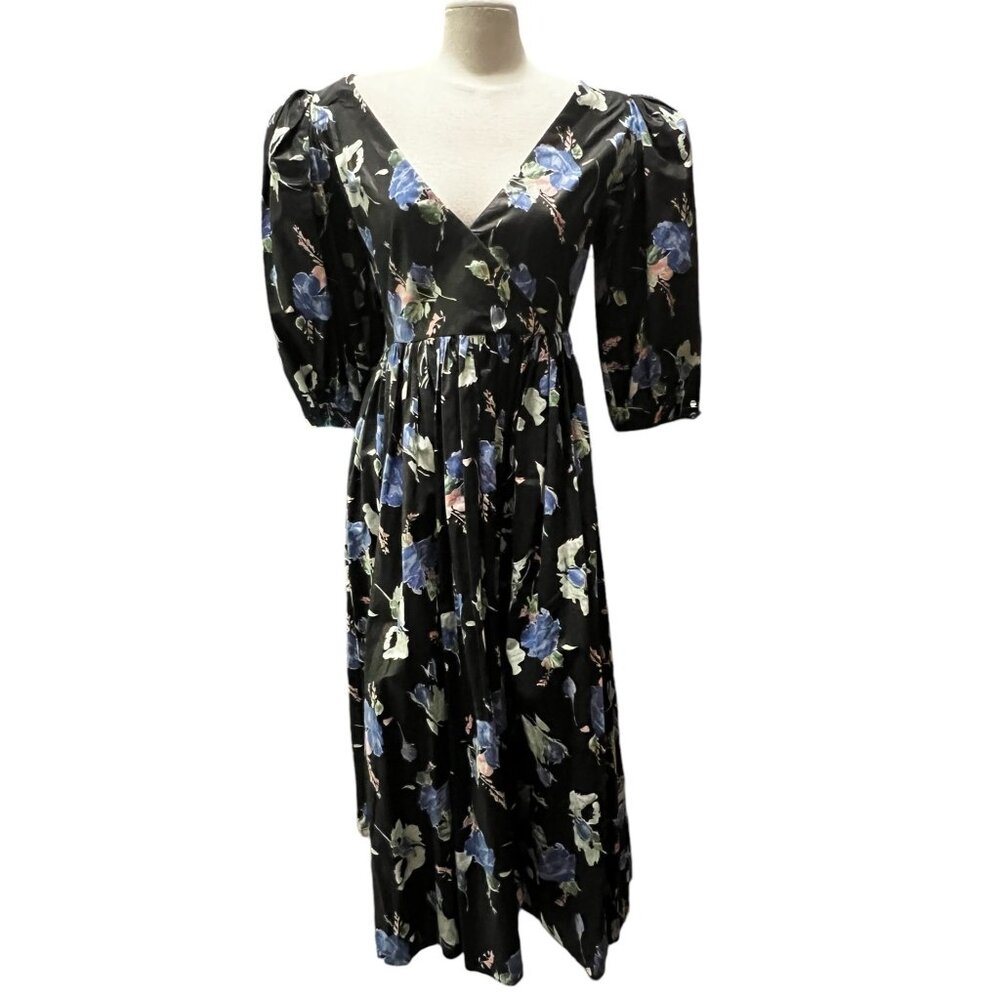 Vintage Handmade Eighties Cottage Core V Neck Balloon Sleeve Dress Sz Large Wome